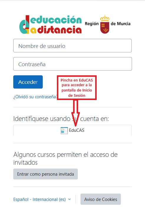 Pantalla de inicio de la plataforma de educación a distancia, con el botón EduCAS señalado