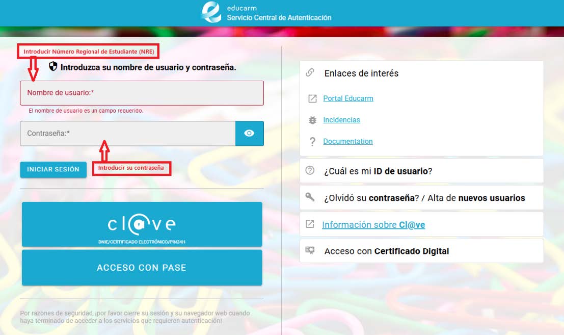 Pantalla del Servicio Central de Autenticación EduCAS, con los campos de usuario y contraseña señalados